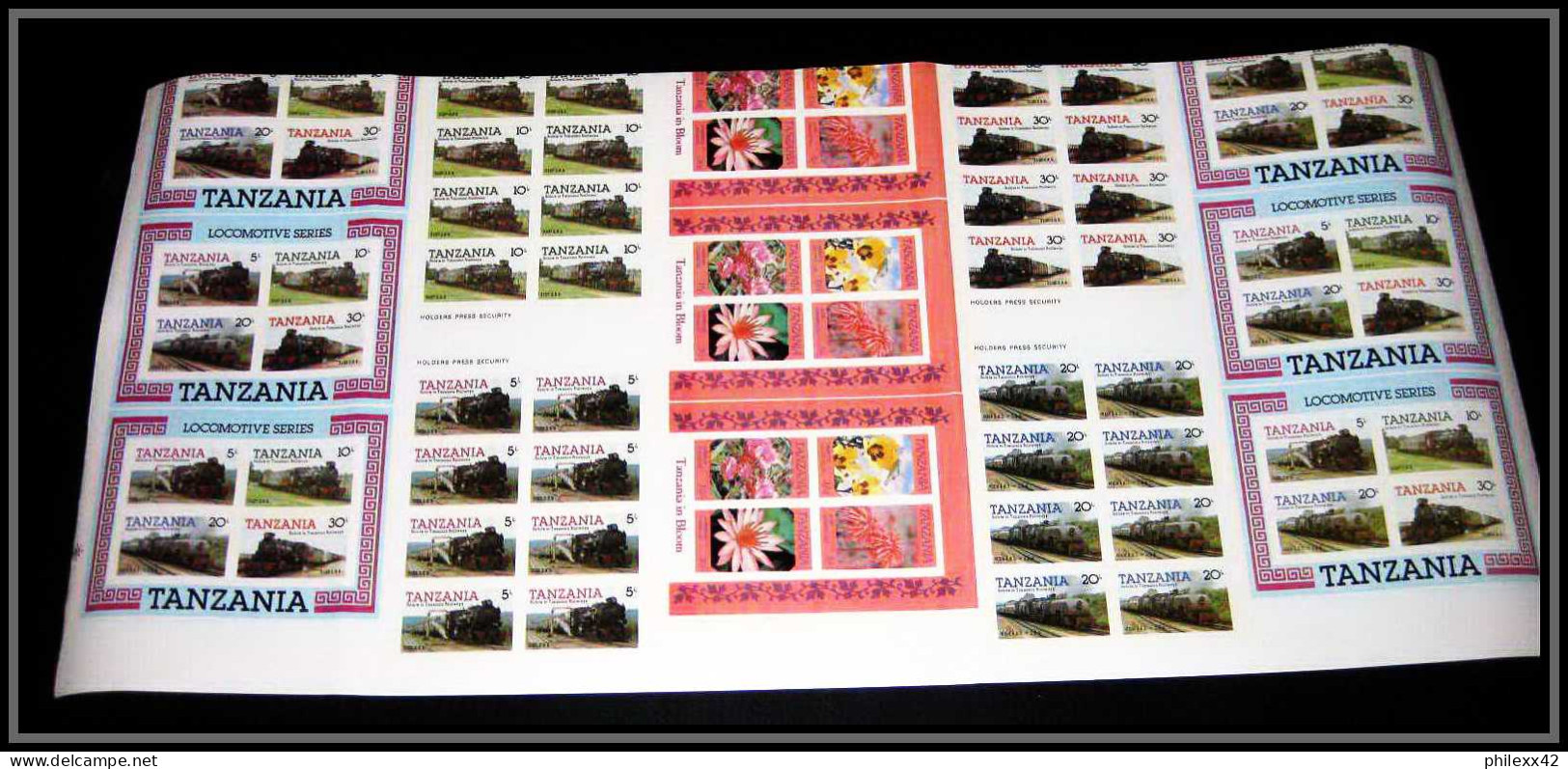 91873 Tanzanie (Tanzania) Train - Animal Fleurs Feuille Sheet 224 Timbres Essai Proof Non Dentelé Imperf ** MNH - Collections (sans Albums)