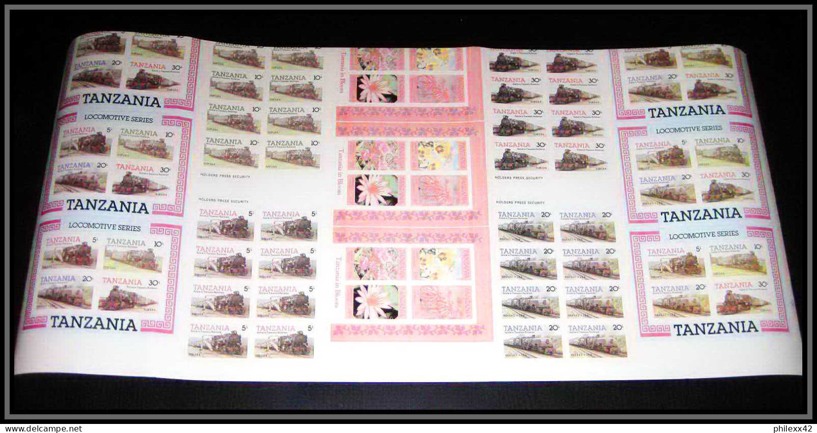 91873 Tanzanie (Tanzania) train - animal fleurs feuille sheet 224 timbres Essai proof Non dentelé imperf ** MNH