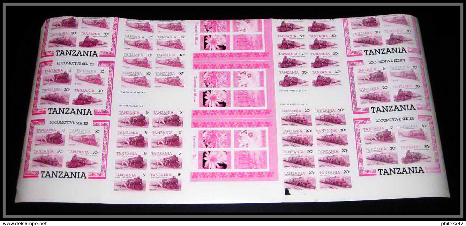 91873 Tanzanie (Tanzania) train - animal fleurs feuille sheet 224 timbres Essai proof Non dentelé imperf ** MNH