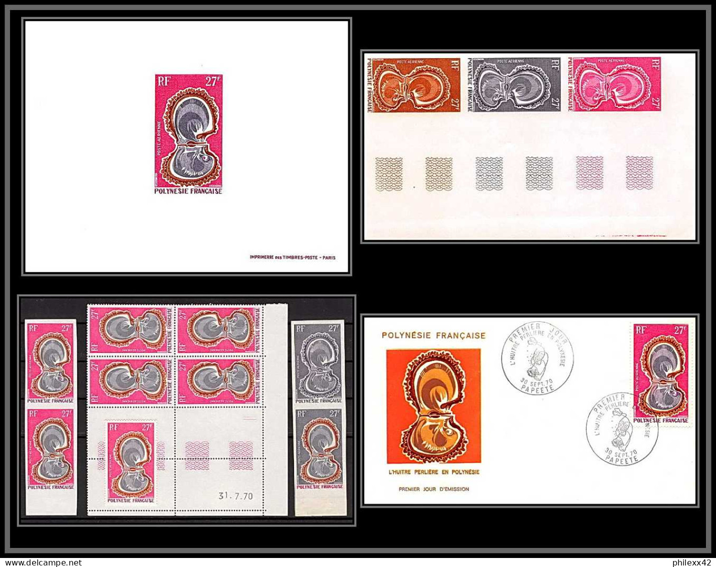 91983 Polynesie N°37 Huitre Oyster Coquillage Shell Essai Proof Non Dentelé Imperf ** MNH Fdc épreuve De Luxe Proof  - Imperforates, Proofs & Errors