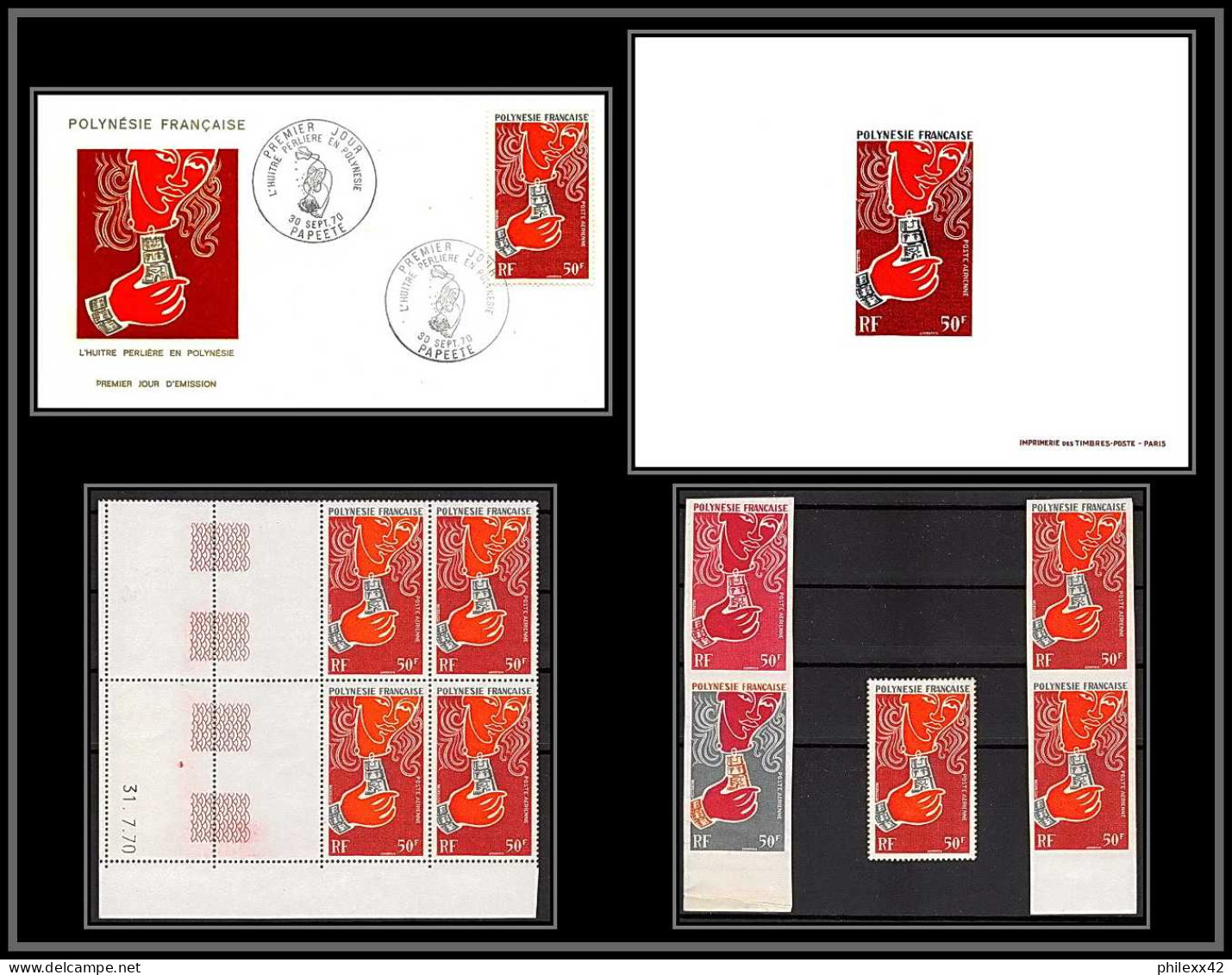 91985 Polynesie N°38 Huitre Oyster Coquillage Shell Essai Proof Non Dentelé Imperf ** MNH Fdc épreuve De Luxe Proof  - Geschnittene, Druckproben Und Abarten