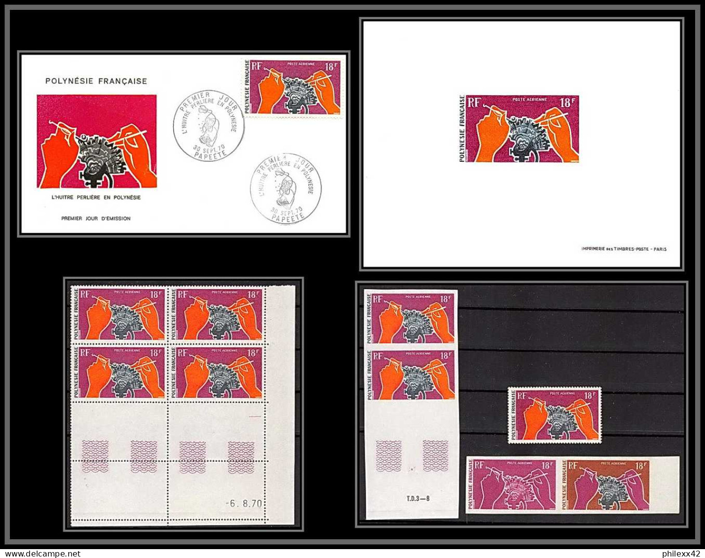 91986 Polynesie N°37 Huitre Oyster Coquillage Shell Essai Proof Non Dentelé Imperf ** MNH Fdc épreuve De Luxe Proof  - Imperforates, Proofs & Errors