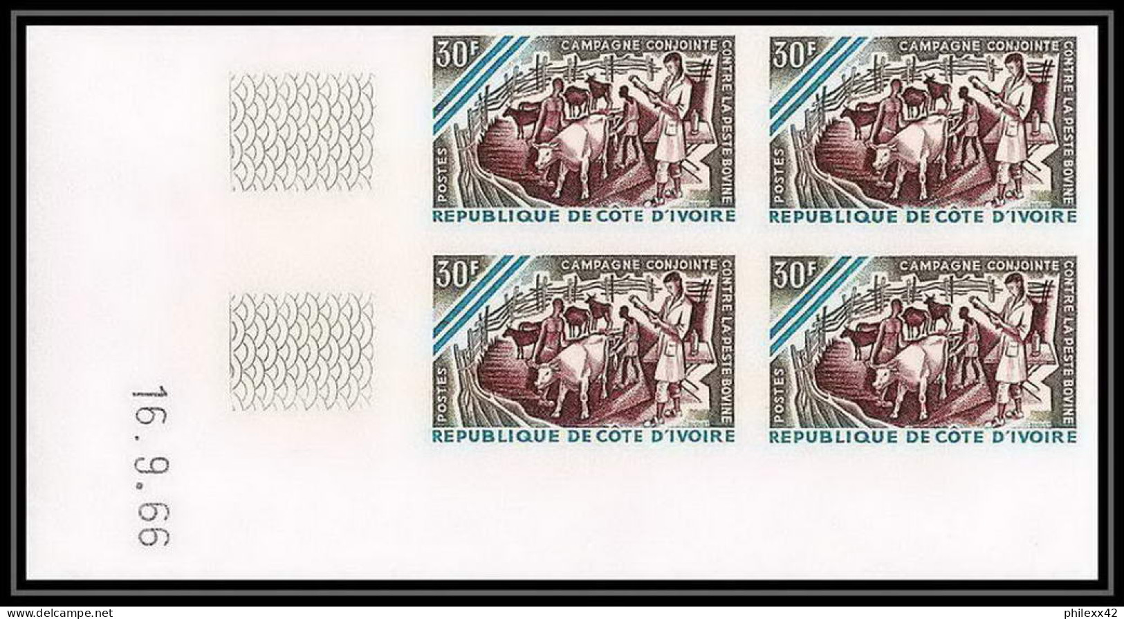 92175 Cote D'ivoire Ivory N°255 Peste Bovine Vache (caws) Rinderpest Bloc 4 Coin Daté Non Dentelé Imperf ** MNH - Kühe