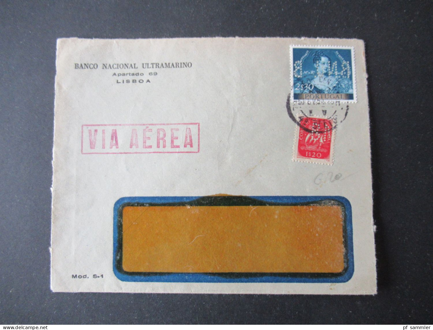 Portugal 1954 Via Aerea/Luftpost Firmenumschlag Banco Nacional Ultramarino Lisboa Marken Mit Perfin / Firmenlochung BNU - Cartas & Documentos