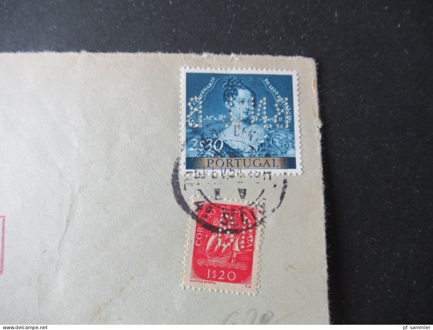 Portugal 1954 Via Aerea/Luftpost Firmenumschlag Banco Nacional Ultramarino Lisboa Marken Mit Perfin / Firmenlochung BNU - Storia Postale