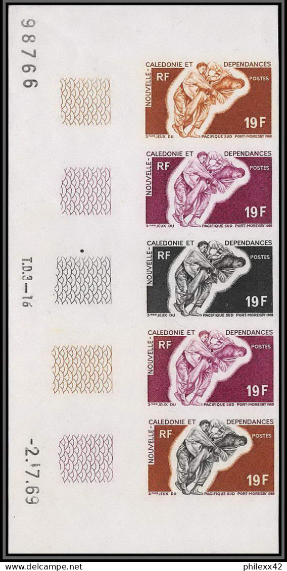 92356 Nouvelle-Calédonie N°361 Judo Jeux Du Pacific Sud 1969 Essai Proof Non Dentelé Imperf ** MNH Bande 5 Strip Daté - Judo