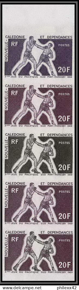 92358 Nouvelle-Calédonie N°362 Boxe Boxing Jeu Du Pacific Sud 1969 Essai Proof Non Dentelé Imperf ** MNH Bande 5 Strip - Collezioni & Lotti