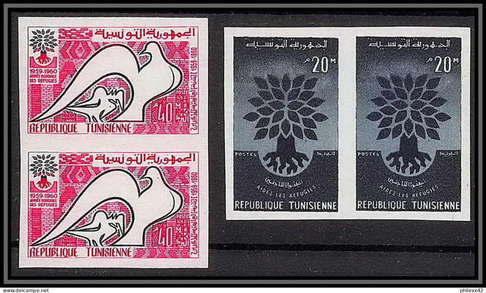 92524aTunisie (tunisia) N°502/503 Année Mondiale Du Réfugié Refugees 1960 Colombe Dove Non Dentelé Imperf ** MNH Paire - Vluchtelingen