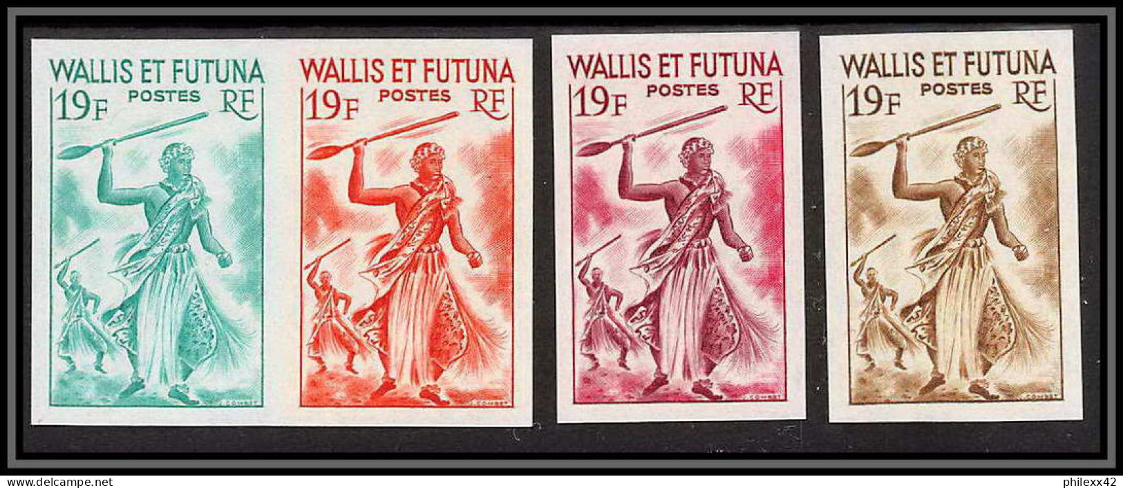 92539a Wallis Et Futuna N°158B Danse De La Sagaie 1957 Spear Dance Essai Proof Non Dentelé Imperf ** MNH 4 Couleurs - Geschnittene, Druckproben Und Abarten
