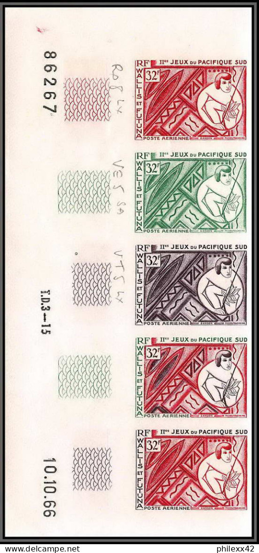 92543 Wallis Et Futuna PA N°29 Jeux Du Pacifique Sud 1966 Gandon Essai Proof Non Dentelé Imperf ** MNH Bande 5 Strip - Imperforates, Proofs & Errors