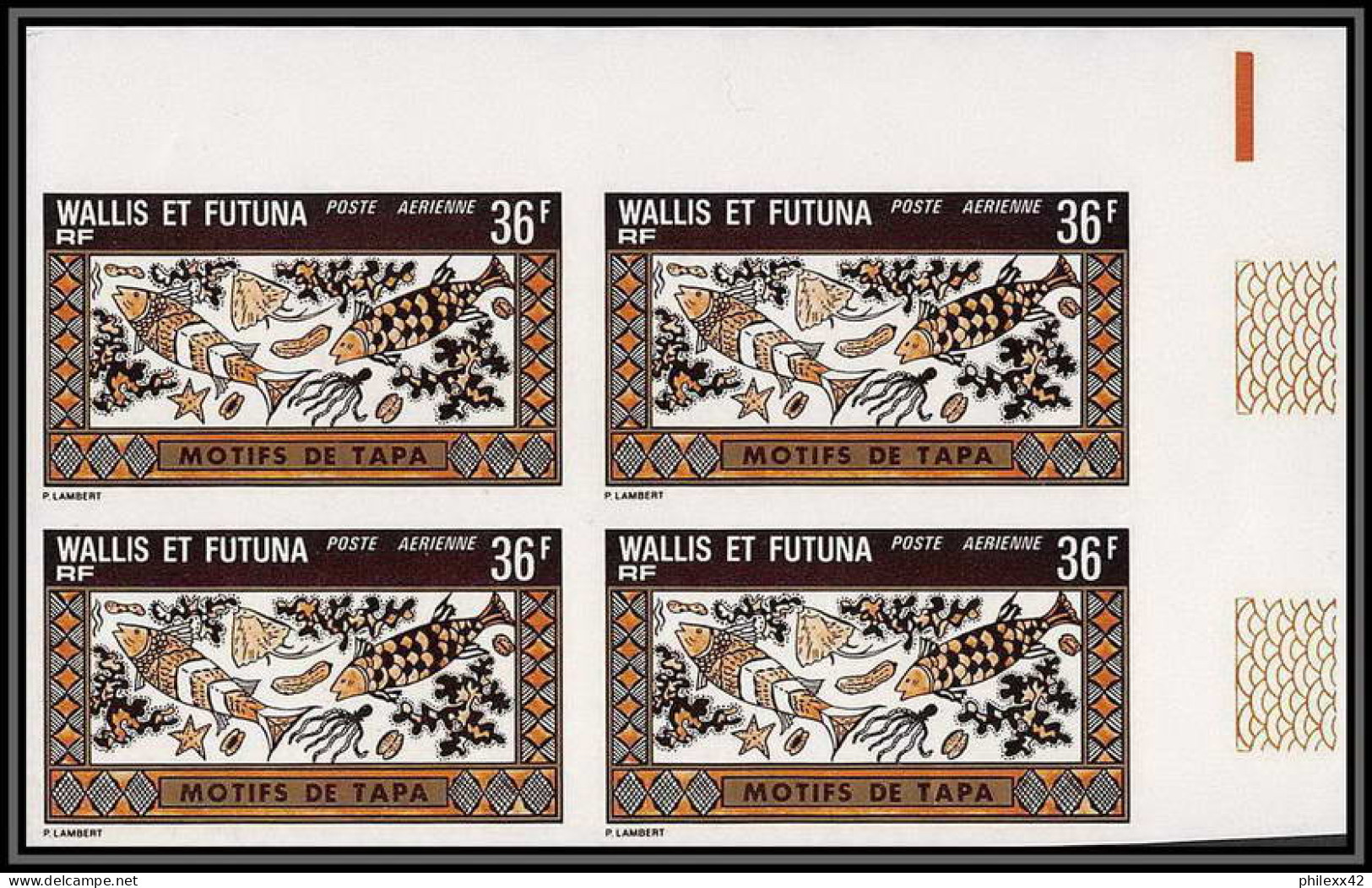 92544b Wallis Et Futuna PA N°60 Artisanat Motifs De Tapa Tapas Géométriques Craft Bloc 4 Non Dentelé Imperf ** MNH - Geschnittene, Druckproben Und Abarten