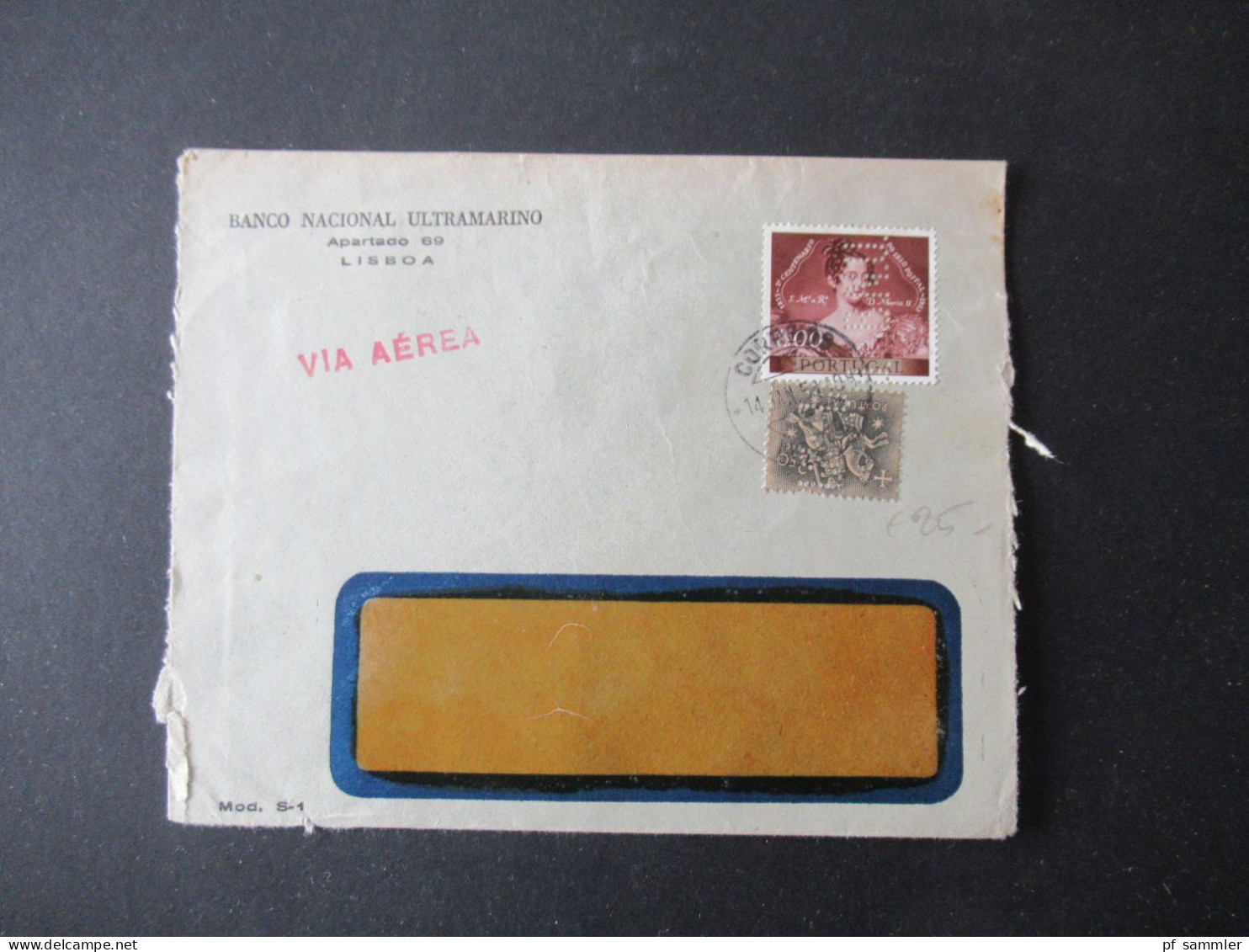 Portugal 1951 Via Aerea/Luftpost Firmenumschlag Banco Nacional Ultramarino Lisboa Marken Mit Perfin / Firmenlochung BNU - Briefe U. Dokumente