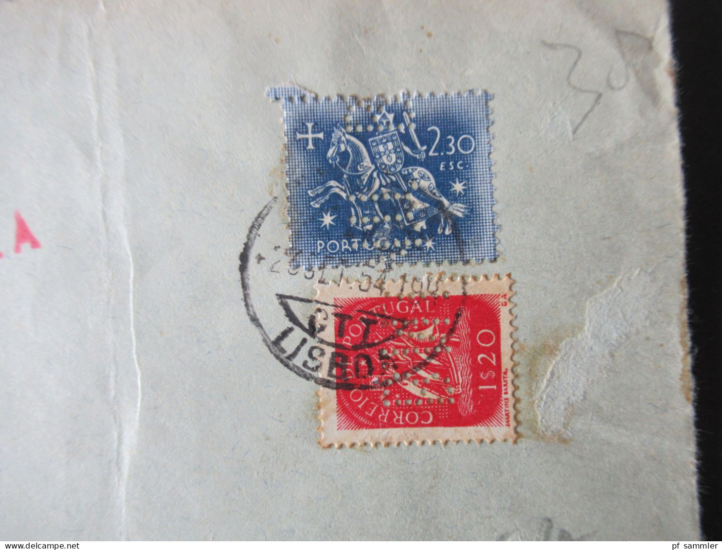 Portugal 1954 Via Aerea/Luftpost Firmenumschlag Banco Nacional Ultramarino Lisboa Marken Mit Perfin / Firmenlochung BNU - Briefe U. Dokumente