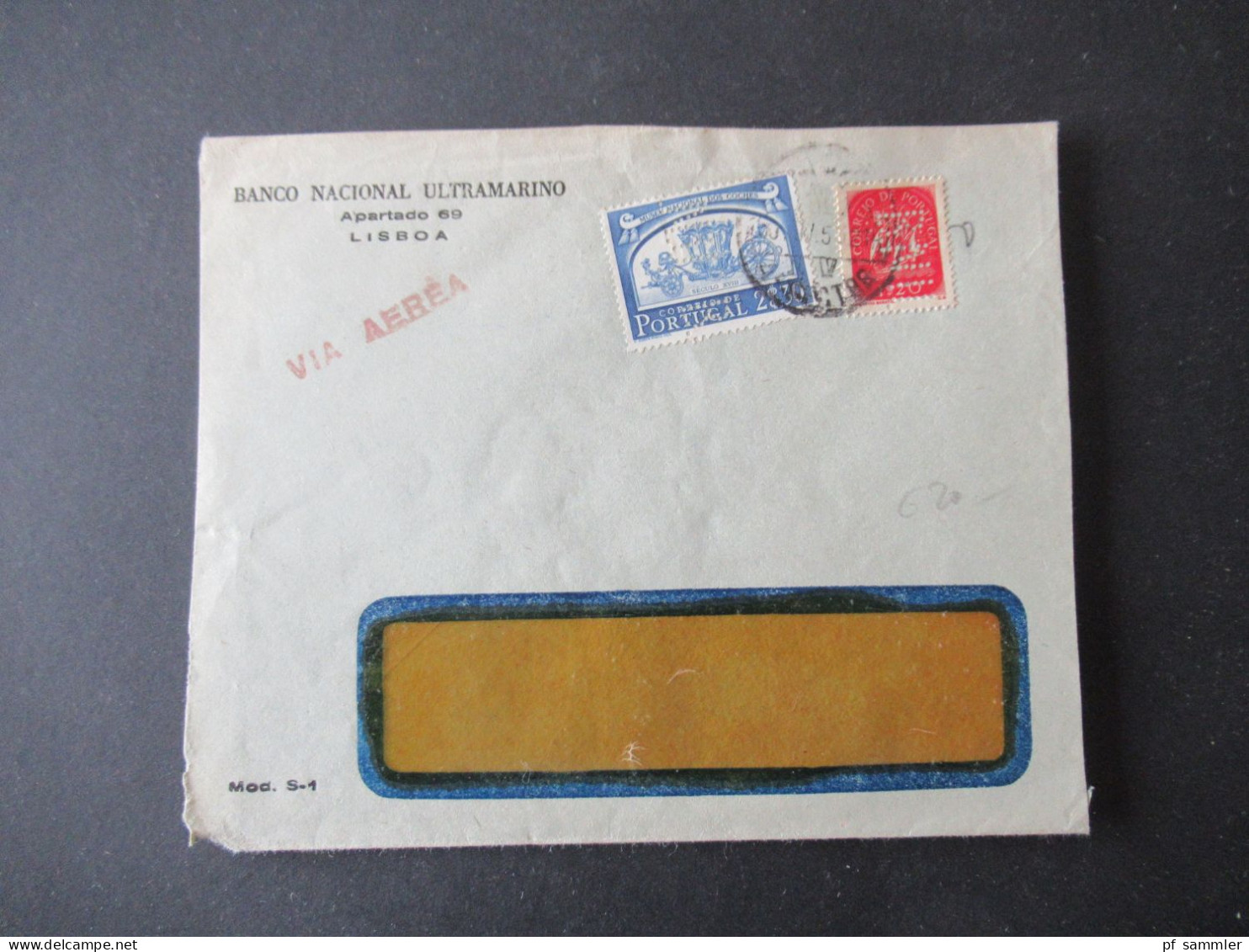 Portugal 1953 Via Aerea/Luftpost Firmenumschlag Banco Nacional Ultramarino Lisboa Marken Mit Perfin / Firmenlochung BNU - Cartas & Documentos