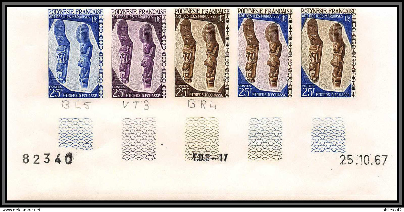 93037b Polynesie N°55 Arts Des Marquises Echasse Stilts Essai Proof Non Dentelé Imperf ** MNH Bande De 5 Strip - Unused Stamps