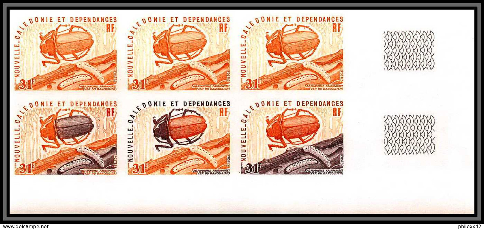 93397 Nouvelle-Calédonie N°407 Insectes (insects) Agrianome Fairmairei Bloc 6 Essai Proof Non Dentelé Imperf ** MNH 1977 - Ongebruikt