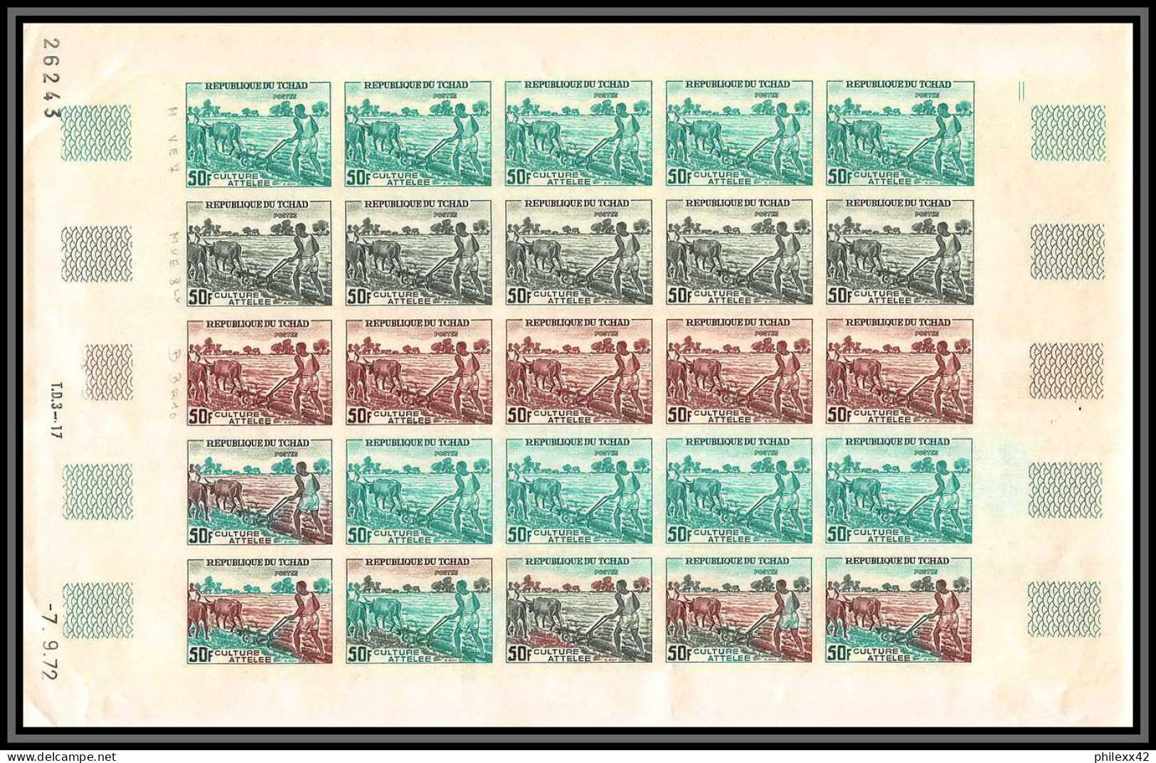 93442 Tchad N°270 Agriculture Culture Tobacco Animal Traction Essai Proof Non Dentelé Imperf ** MNH Feuille Sheet - Tabaco