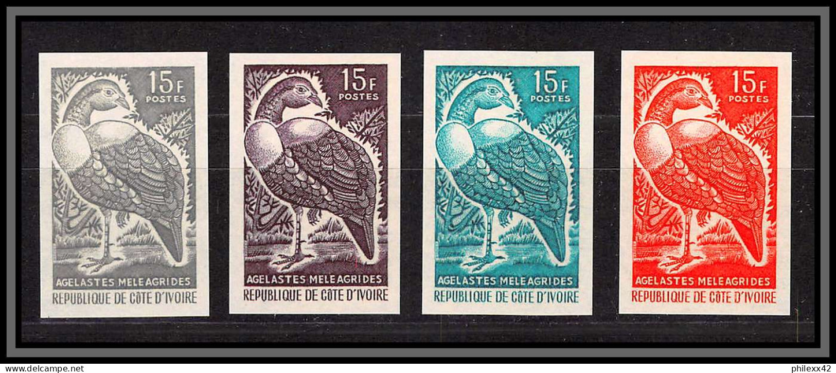 93642d/ Cote D'ivoire N°239 Pintade Fowl Oiseaux Birds 1965 Lot 4 Couleurs Essai Proof Non Dentelé Imperf Agelastes - Hoendervogels & Fazanten