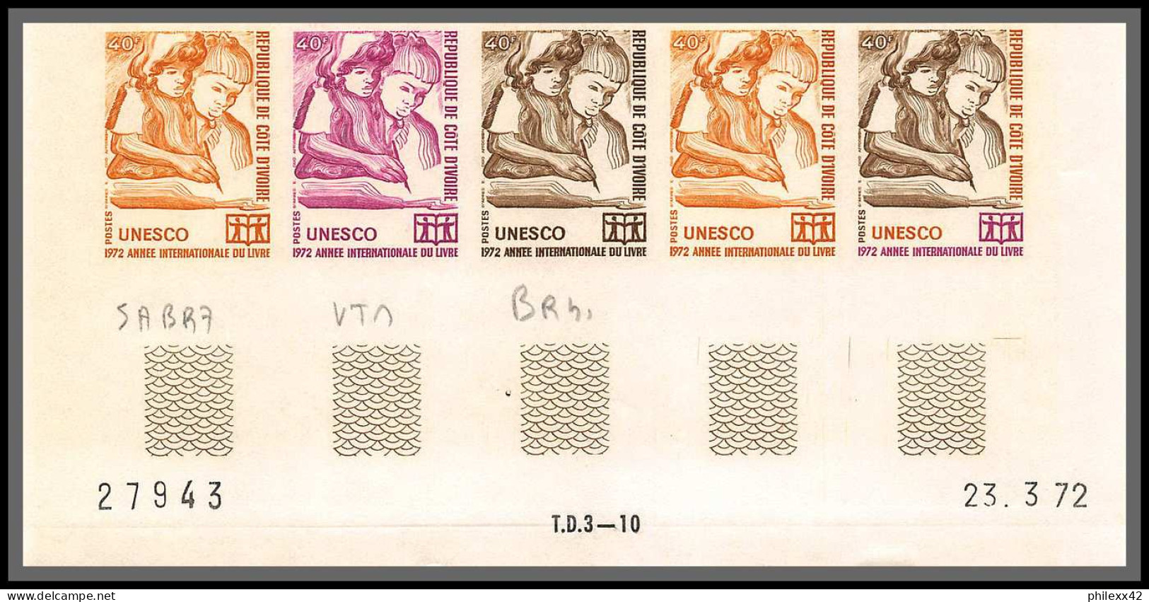 93796c Cote D'ivoire N°334 Unesco Année Du Livre Year Of Book 1972 Bande 5 Coin Daté Essai Proof Non Dentelé Imperf ** - UNESCO