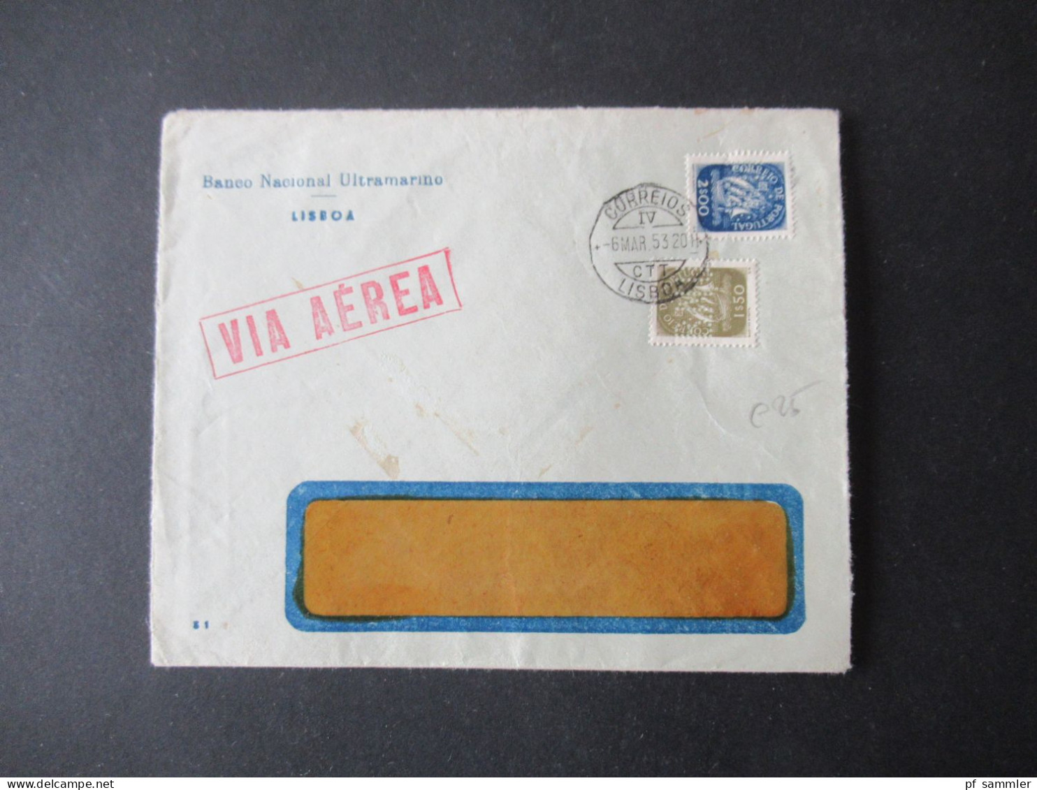 Portugal 1953 Via Aerea/Luftpost Firmenumschlag Banco Nacional Ultramarino Lisboa Marken Mit Perfin / Firmenlochung BNU - Cartas & Documentos