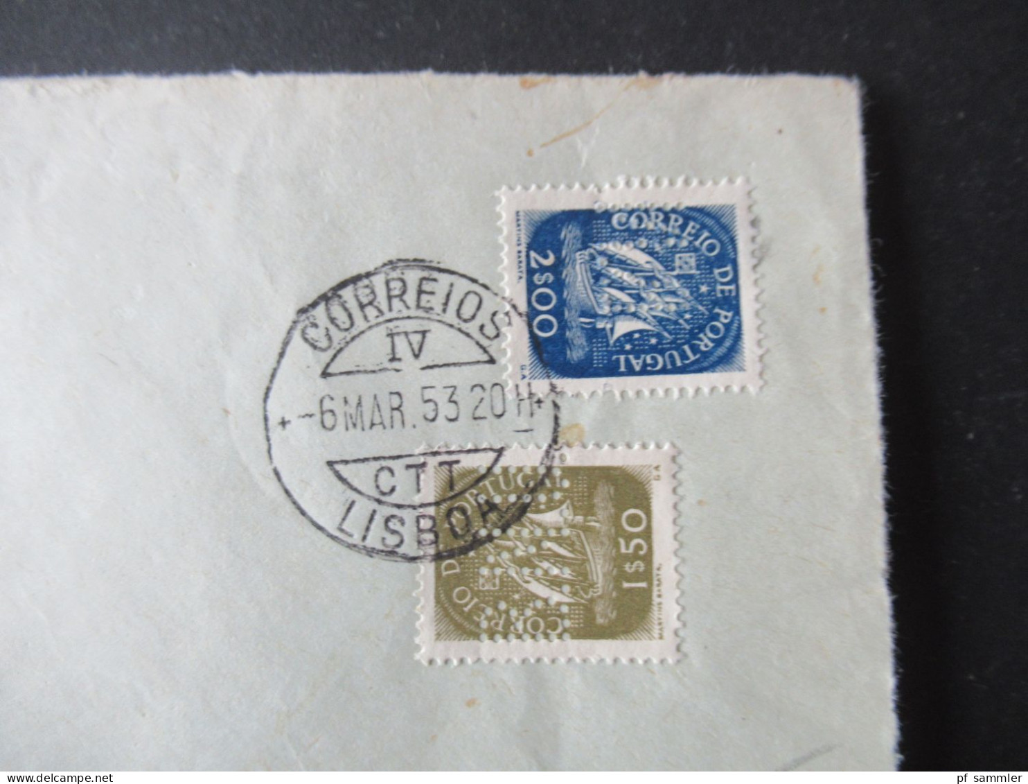 Portugal 1953 Via Aerea/Luftpost Firmenumschlag Banco Nacional Ultramarino Lisboa Marken Mit Perfin / Firmenlochung BNU - Storia Postale