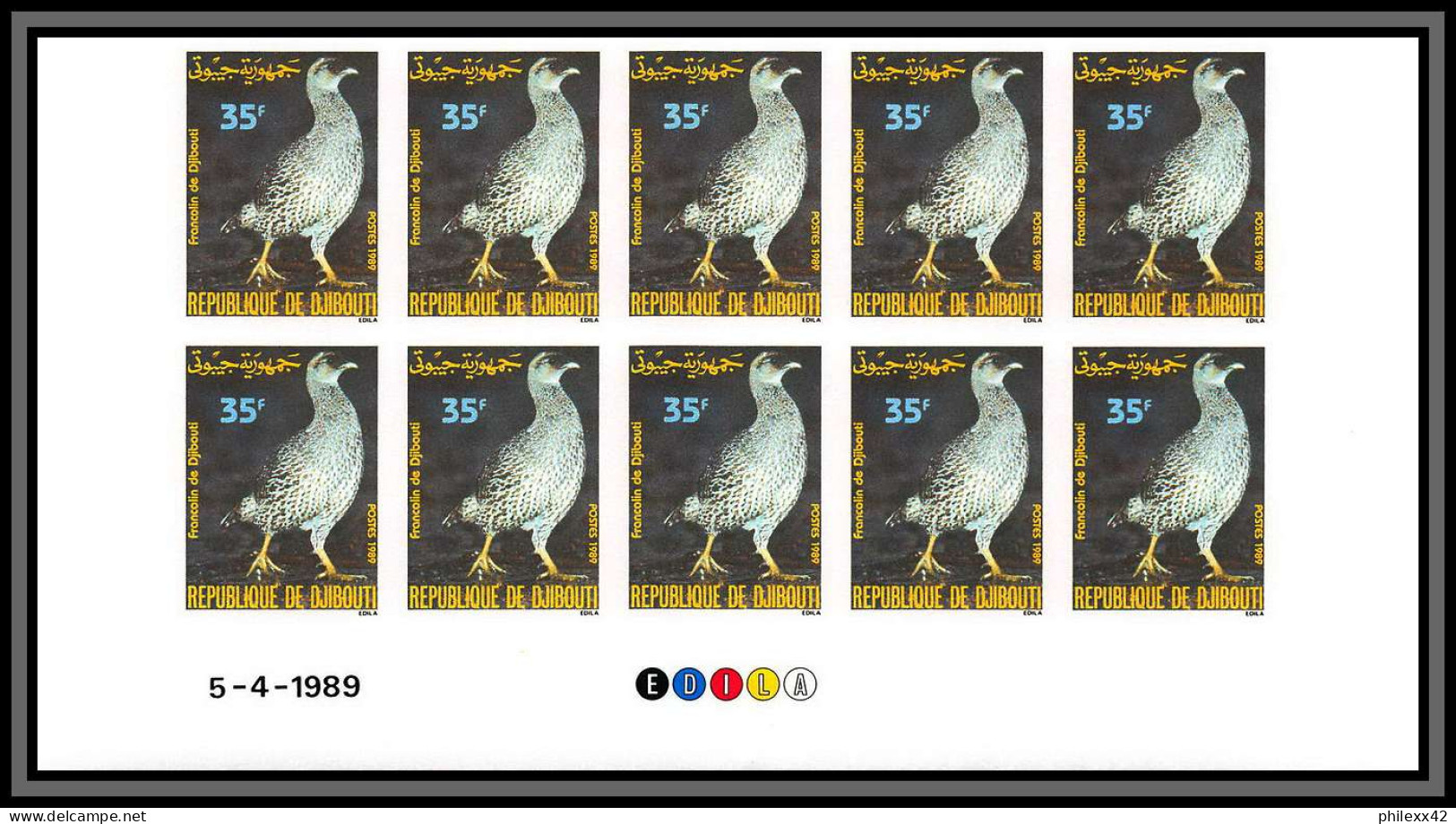 93951a Djibouti Yt N°654 MI 523 Francolin Gallinacé Oiseaux Birds 1989 Non Dentelé Imperf  ** MNH Bloc 10 Coin Daté - Hoendervogels & Fazanten