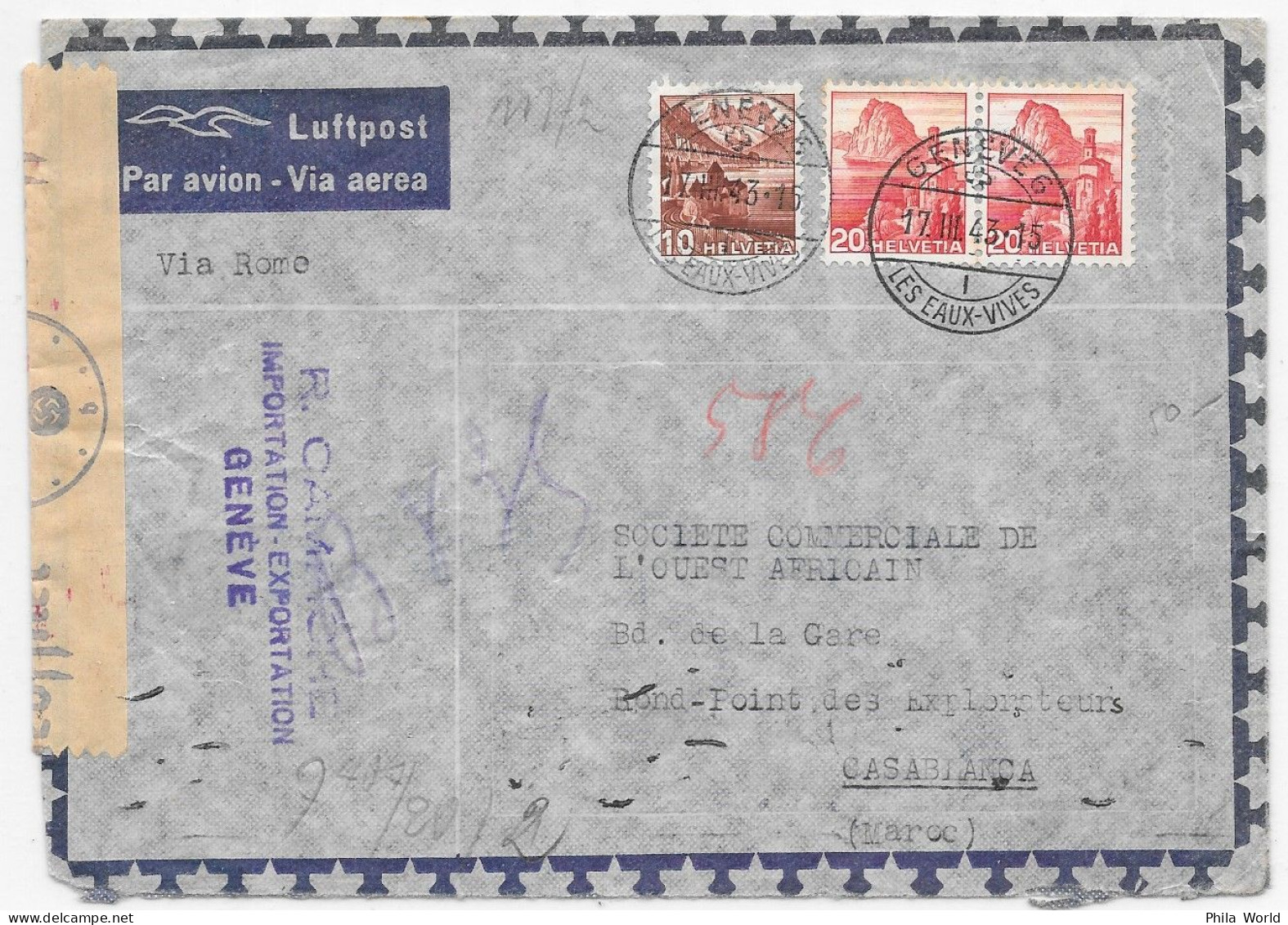 WW2 1943 Par Avion SUISSE Genève > MAROC Casablanca Via Rome Contrôle B BERLIN Transit LISBONNE LISBOA Portugal - 2. Weltkrieg