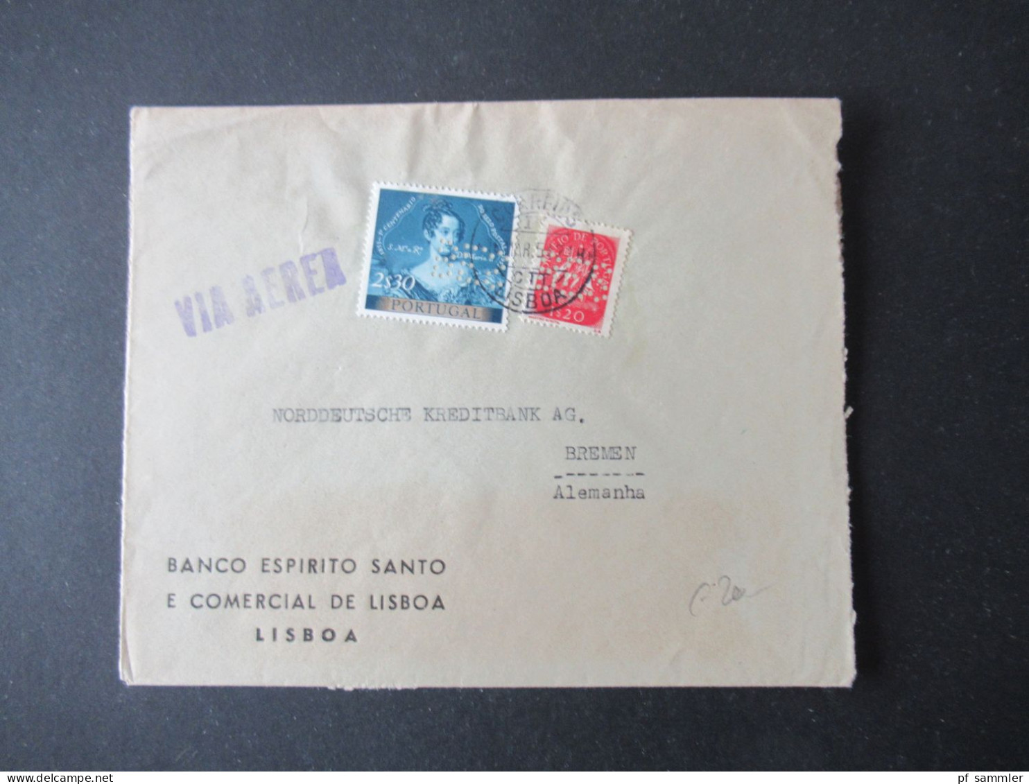 Portugal 1954 Via Aerea/Luftpost Firmenumschlag Banco Espirito Santo Lisboa Marken Mit Perfin / Firmenlochung BES - Brieven En Documenten