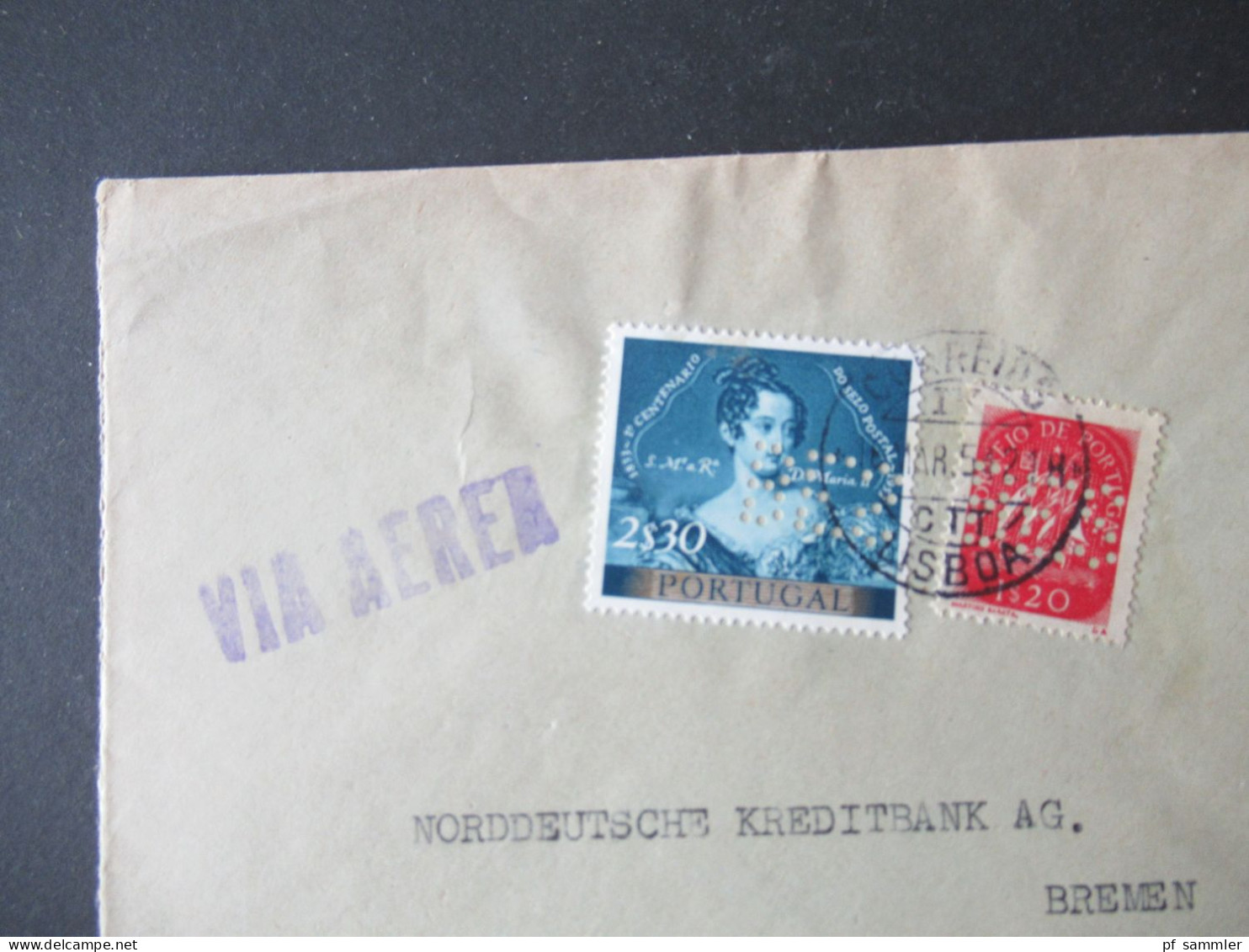 Portugal 1954 Via Aerea/Luftpost Firmenumschlag Banco Espirito Santo Lisboa Marken Mit Perfin / Firmenlochung BES - Storia Postale