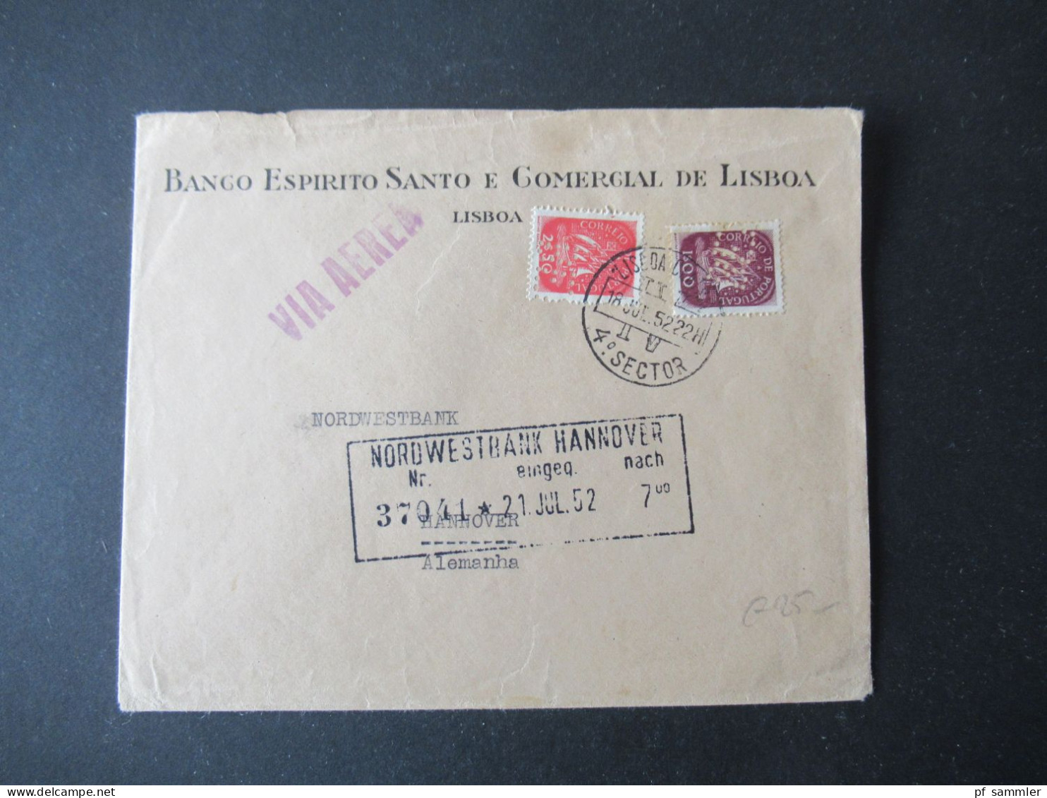 Portugal 1952 Via Aerea/Luftpost Firmenumschlag Banco Espirito Santo Lisboa Marken Mit Perfin / Firmenlochung BES - Brieven En Documenten