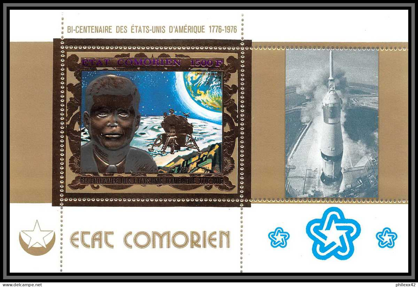 85712a N°67 A 1976 Bi-centennial USA Kennedy Espace Space Comores Etat Comorien OR Gold ** MNH - Indépendance USA