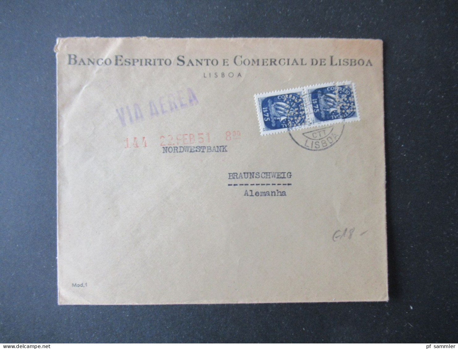 Portugal 1951 Via Aerea/Luftpost Firmenumschlag Banco Espirito Santo Lisboa Marken Mit Perfin / Firmenlochung BES - Storia Postale