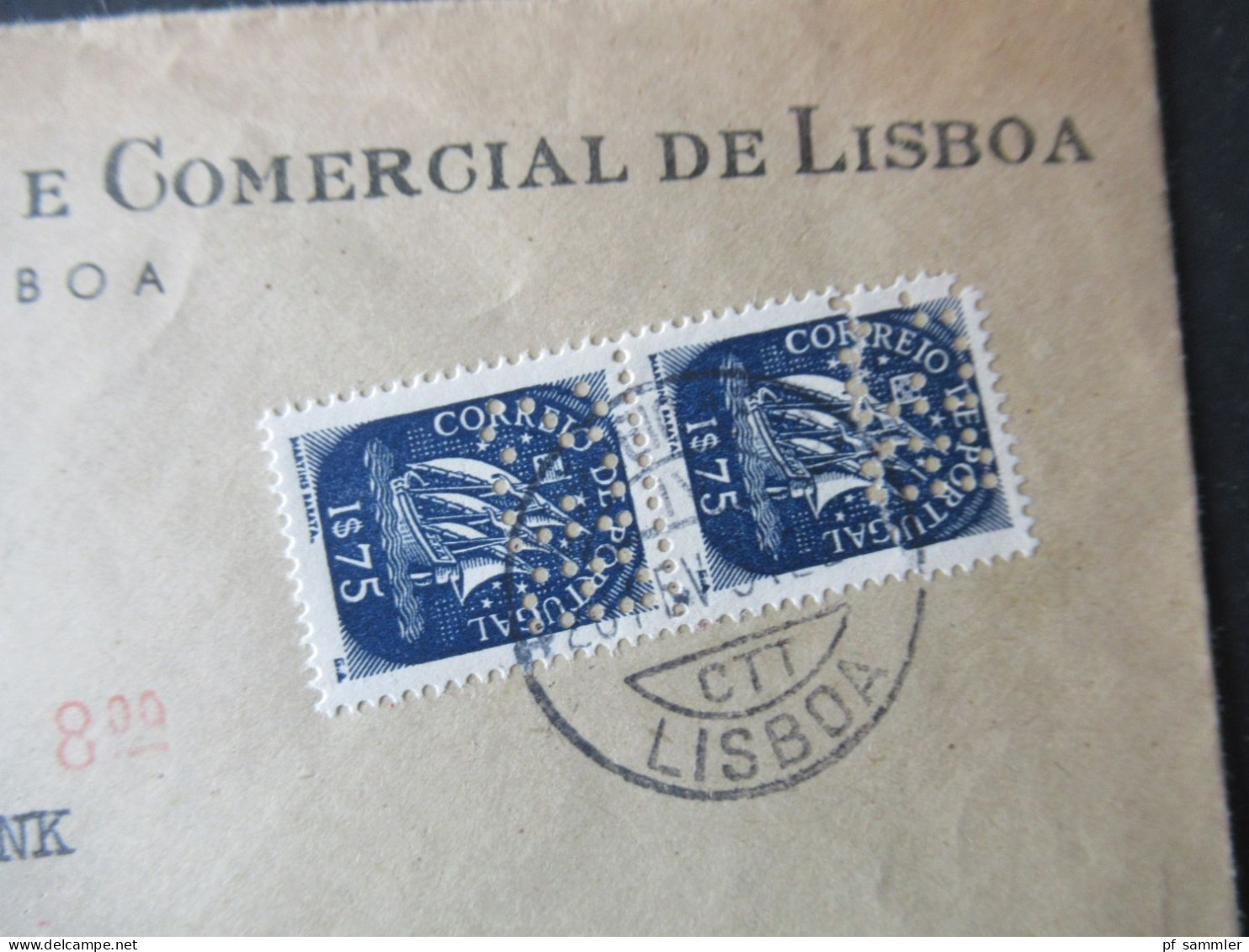 Portugal 1951 Via Aerea/Luftpost Firmenumschlag Banco Espirito Santo Lisboa Marken Mit Perfin / Firmenlochung BES - Briefe U. Dokumente