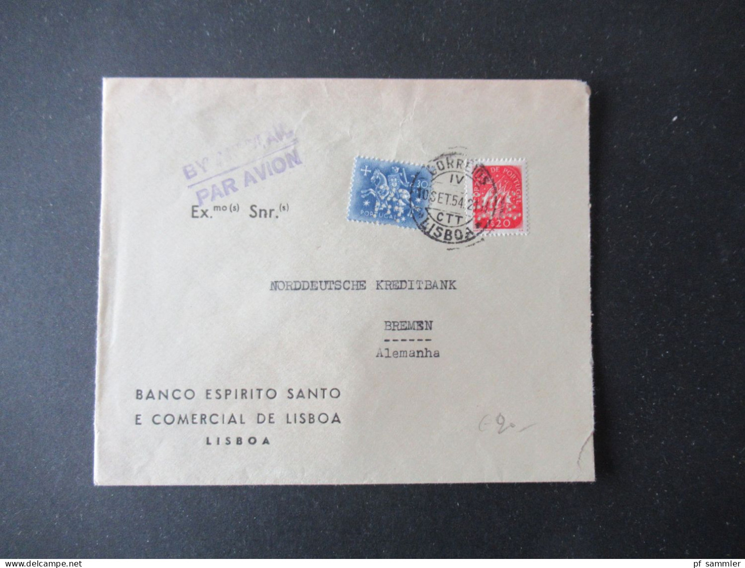 Portugal 1954 Via Aerea/Luftpost Firmenumschlag Banco Espirito Santo Lisboa Marken Mit Perfin / Firmenlochung BES - Covers & Documents
