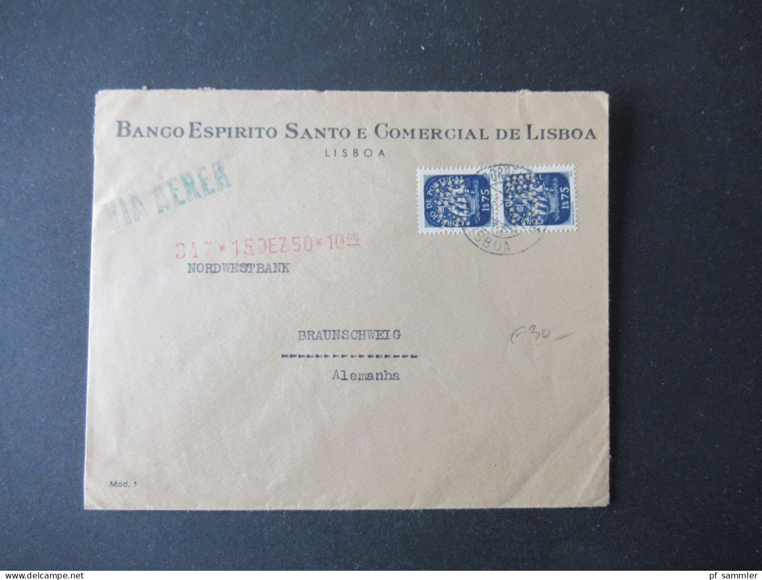 Portugal 1951 Via Aerea/Luftpost Firmenumschlag Banco Espirito Santo Lisboa Marken Mit Perfin / Firmenlochung BES - Cartas & Documentos