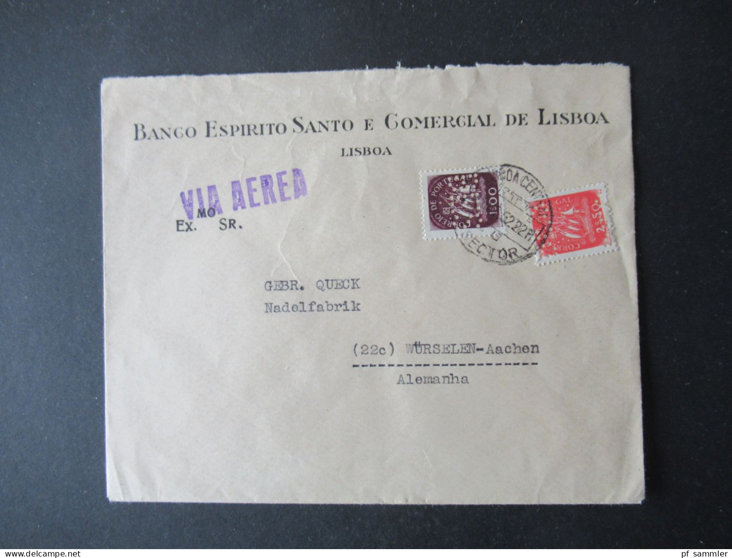 Portugal 1952 Via Aerea/Luftpost Firmenumschlag Banco Espirito Santo Lisboa Marken Mit Perfin / Firmenlochung BES - Briefe U. Dokumente