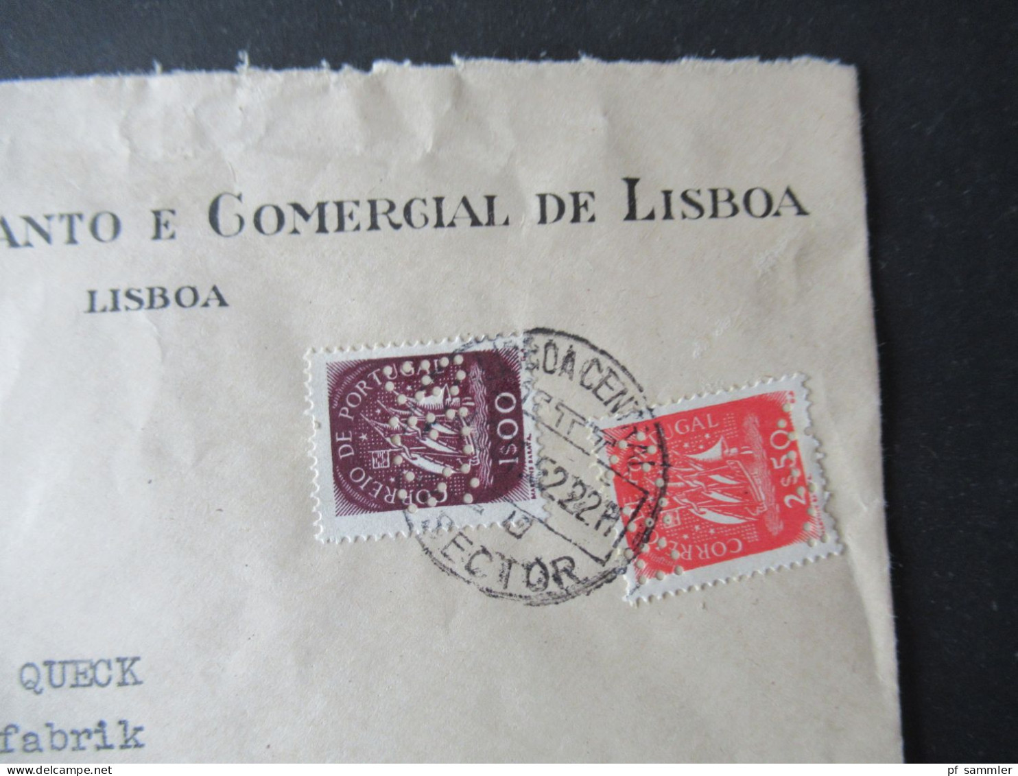 Portugal 1952 Via Aerea/Luftpost Firmenumschlag Banco Espirito Santo Lisboa Marken Mit Perfin / Firmenlochung BES - Covers & Documents