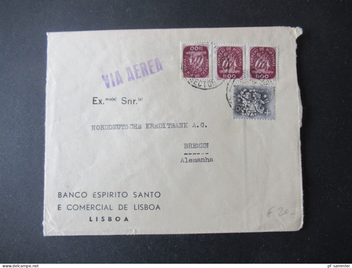 Portugal 1953 Via Aerea/Luftpost Firmenumschlag Banco Espirito Santo Lisboa Marken Mit Perfin / Firmenlochung BES - Covers & Documents