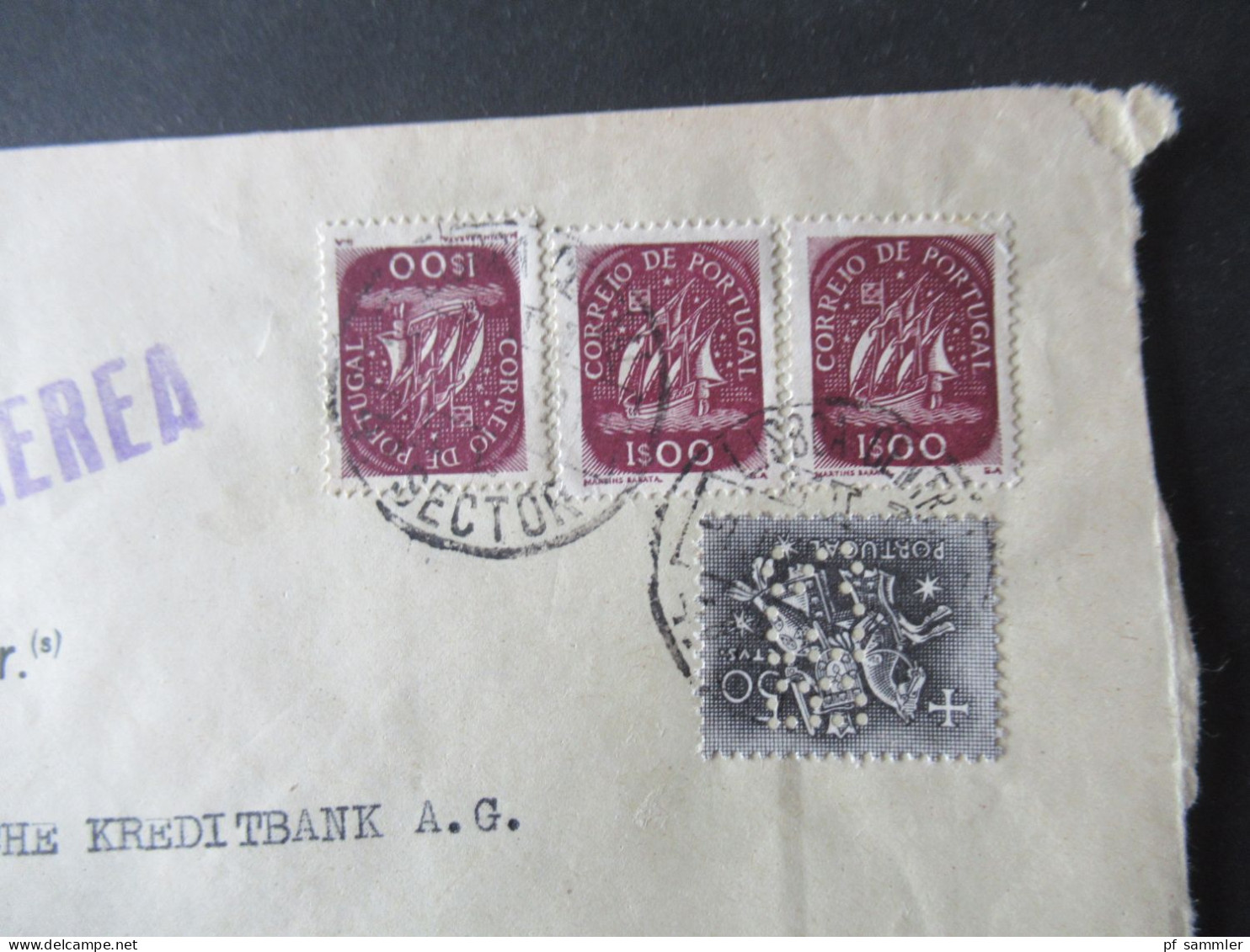 Portugal 1953 Via Aerea/Luftpost Firmenumschlag Banco Espirito Santo Lisboa Marken Mit Perfin / Firmenlochung BES - Briefe U. Dokumente