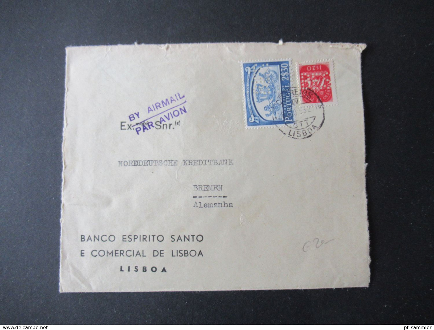 Portugal 1953 Via Aerea/Luftpost Firmenumschlag Banco Espirito Santo Lisboa Marken Mit Perfin / Firmenlochung BES - Covers & Documents