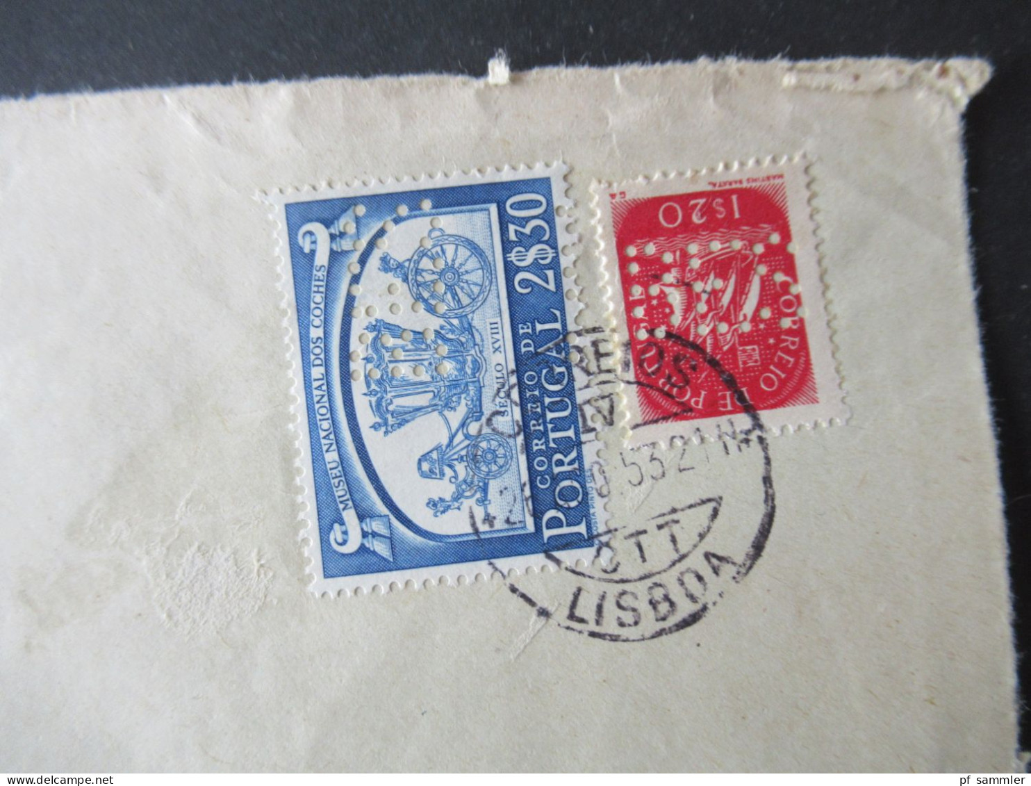 Portugal 1953 Via Aerea/Luftpost Firmenumschlag Banco Espirito Santo Lisboa Marken Mit Perfin / Firmenlochung BES - Briefe U. Dokumente