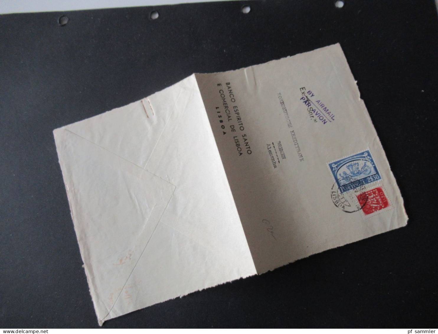 Portugal 1953 Via Aerea/Luftpost Firmenumschlag Banco Espirito Santo Lisboa Marken Mit Perfin / Firmenlochung BES - Cartas & Documentos