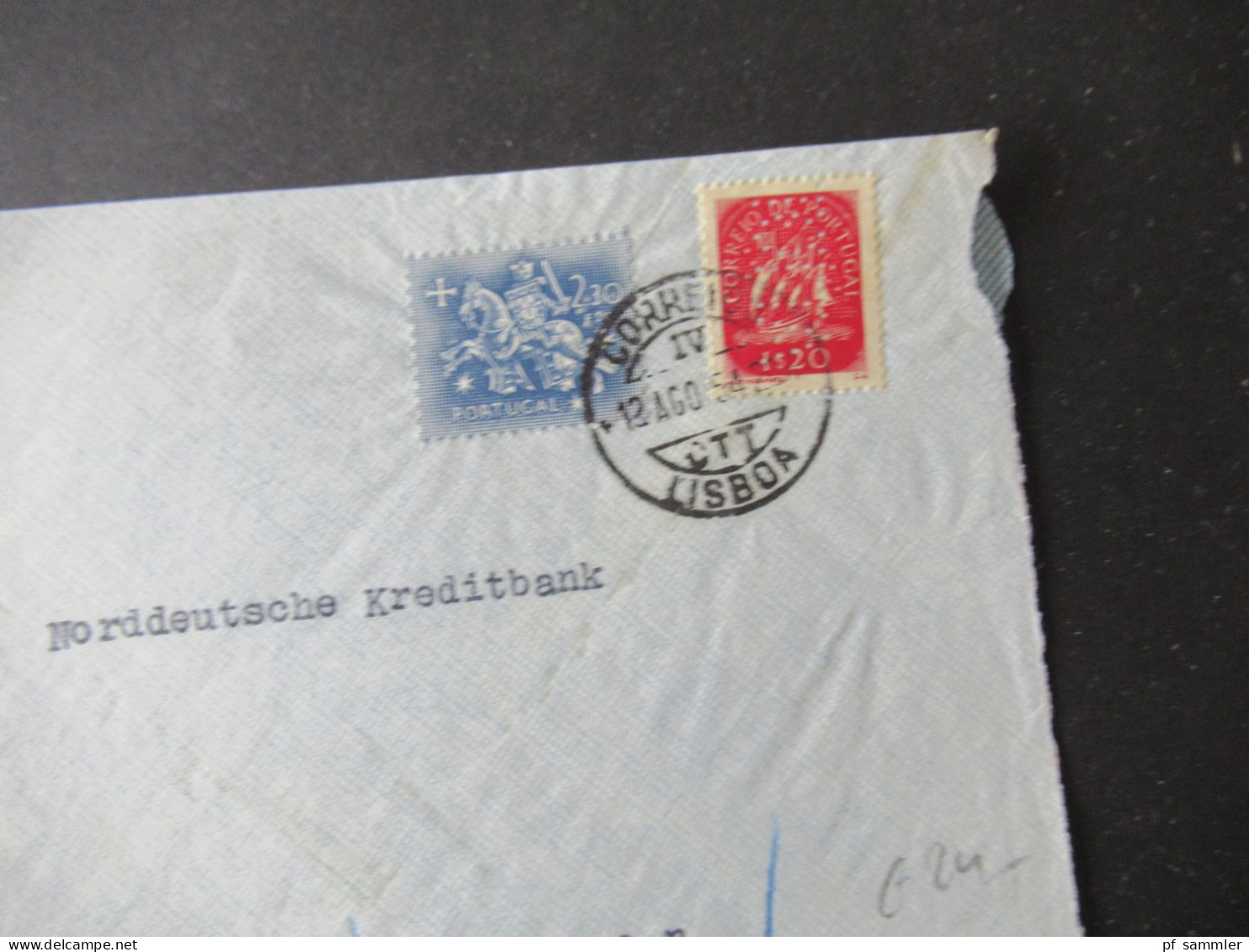 Portugal 1953 Via Aerea/Luftpost Firmenumschlag Banco Jose Henriques Lisbonne Marken Mit Perfin / Firmenlochung - Briefe U. Dokumente