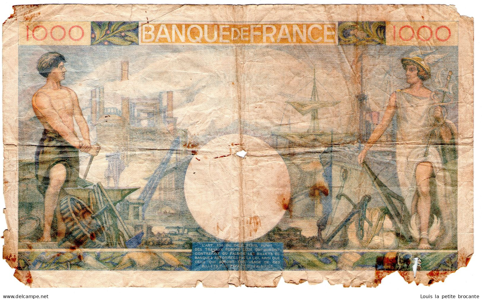 Billet De 1000 Francs 1940 France, Coin Inférieur Gauche Déchiré Recollé. Quelques Petites Déchirures Sur Les Bord, Trac - Chambre De Commerce