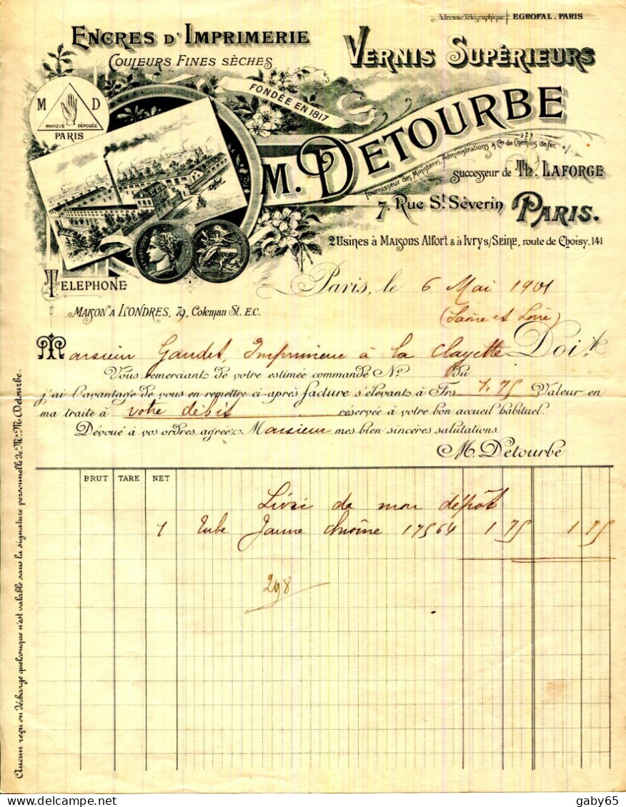 FACTURE.PARIS.ENCRES D'IMPRIMERIE.VERNIS SUPÉRIEURS.M.DETOURBE 7 RUE SAINT SEVERIN. - Printing & Stationeries