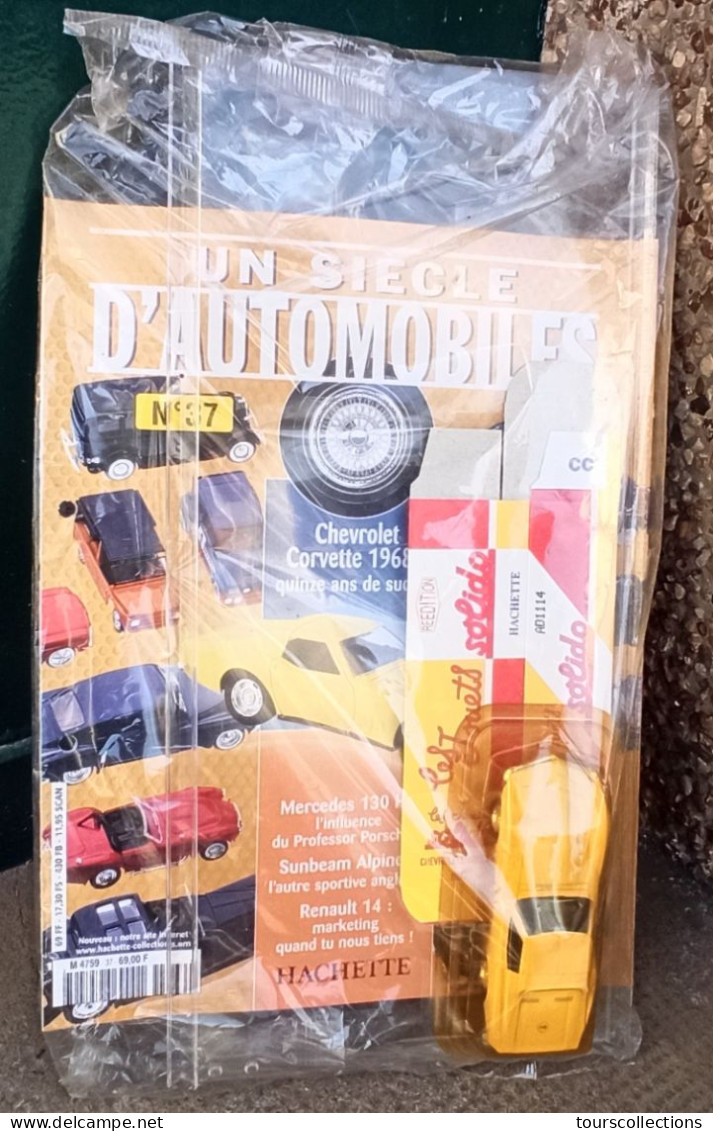 1/43 SOLIDO CHEVROLET CORVETTE De 1968 JAUNE + BOÎTE & FICHE UN SIECLE D'AUTOMOBILES N° 37 +1  étagère Plexiglass - Solido