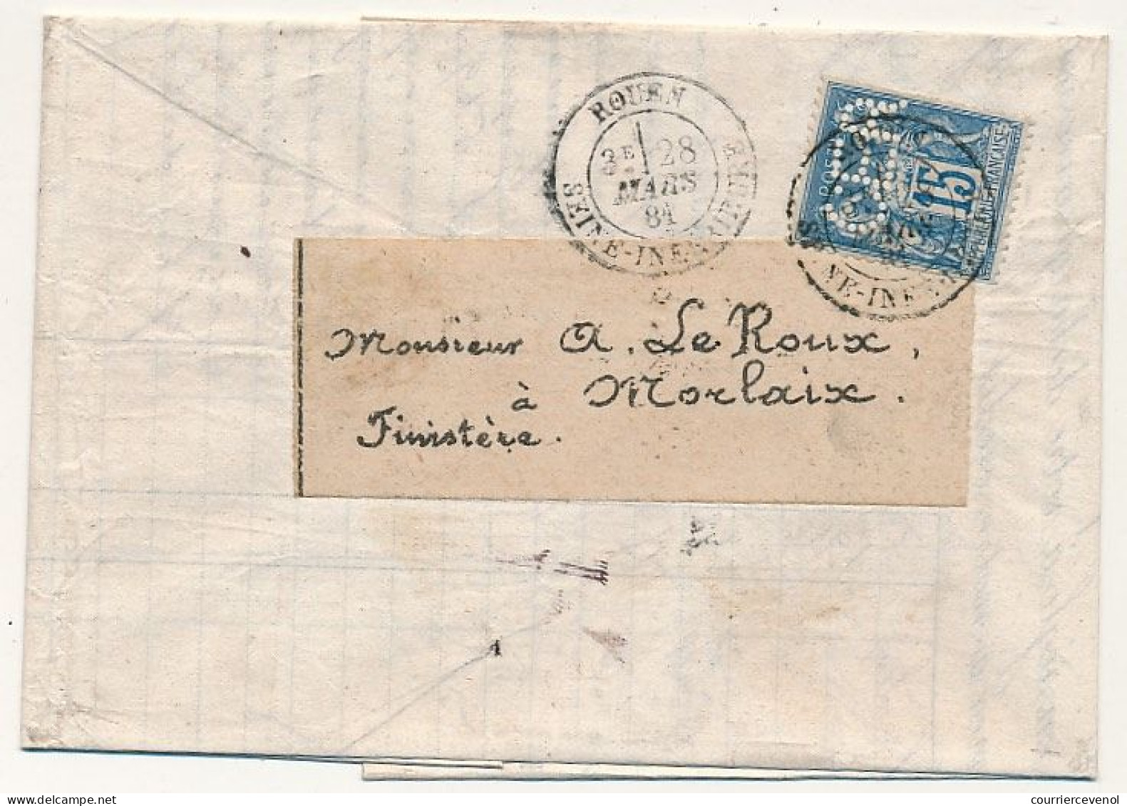 FRANCE - 15c Type Sage Perforé C.E.R. - Rouen 28 Mars 1881 - Sur Lettre Comptoir D'Escompte De Rouen - Brieven En Documenten