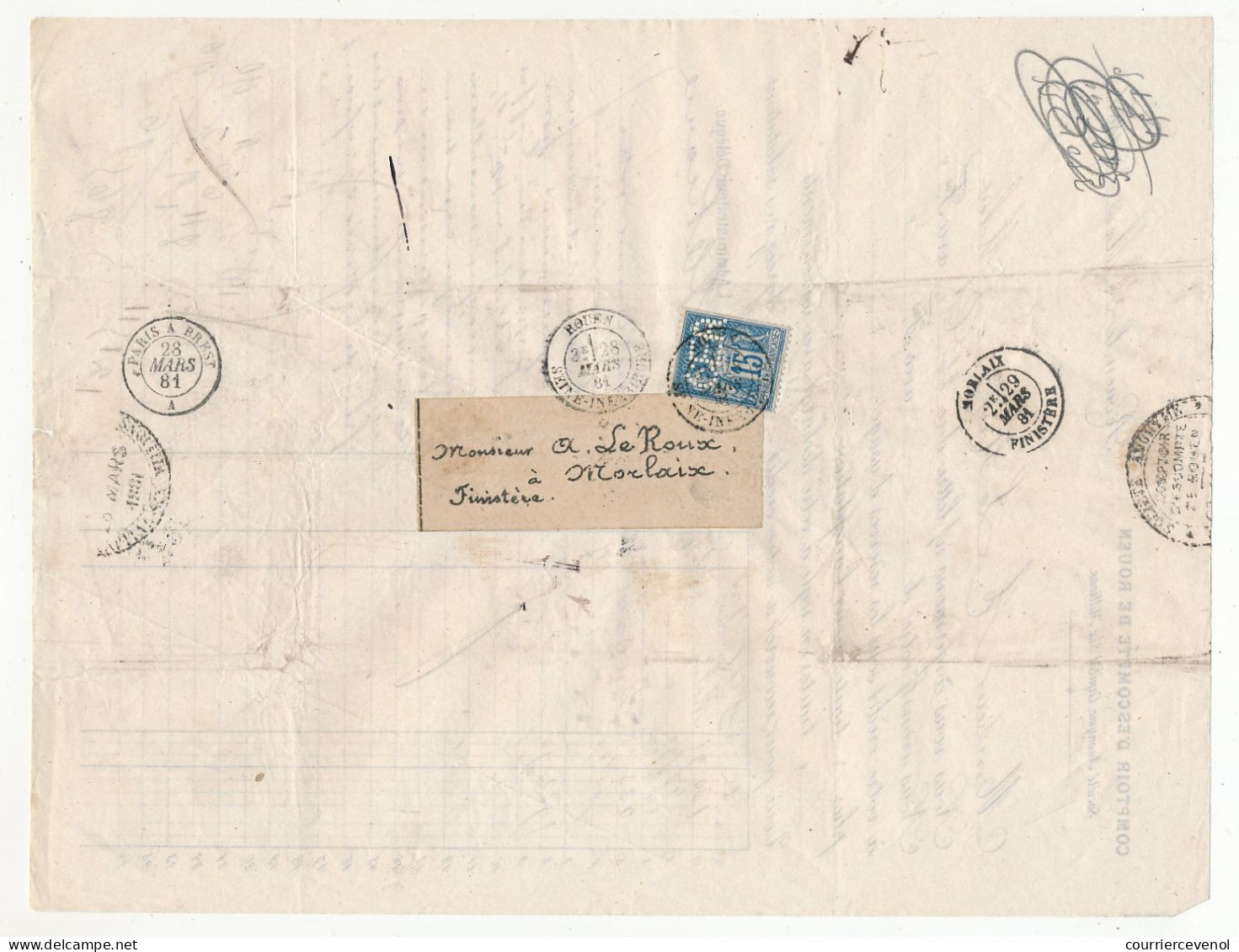 FRANCE - 15c Type Sage Perforé C.E.R. - Rouen 28 Mars 1881 - Sur Lettre Comptoir D'Escompte De Rouen - Cartas & Documentos