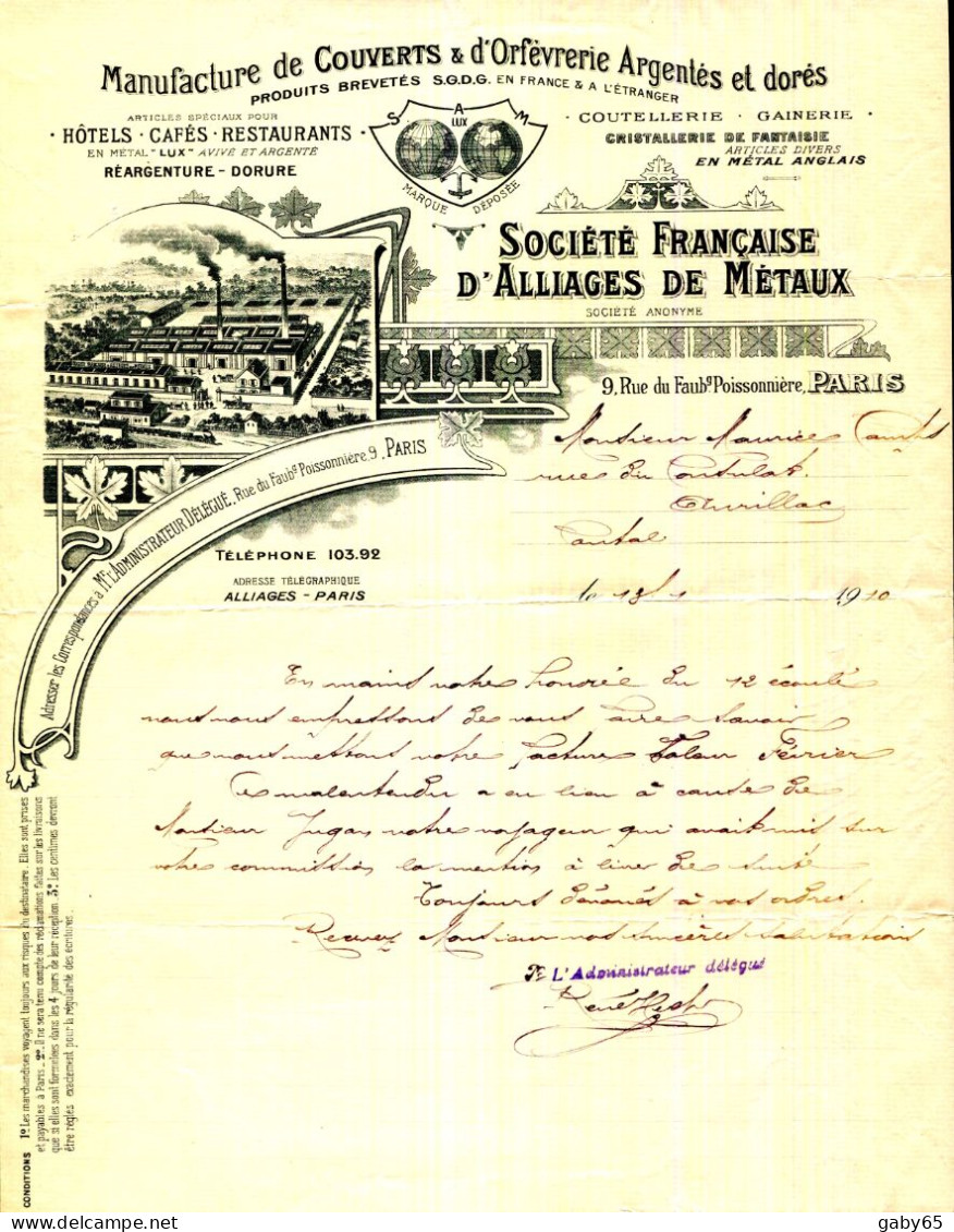 FACTURE.PARIS.MANUFACTURE DE COUVERTS & ORFÈVRERIE ARGENTES & DORES.SOCIÉTÉ FRANÇAISE D'ALLIAGES DE METAUX. - Imprenta & Papelería