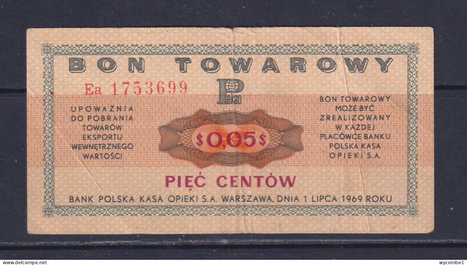 POLAND - BANK POLSKA  BON TOWAROWY  0.05 CENTOW  Issue: 1.7.1969 - Pologne